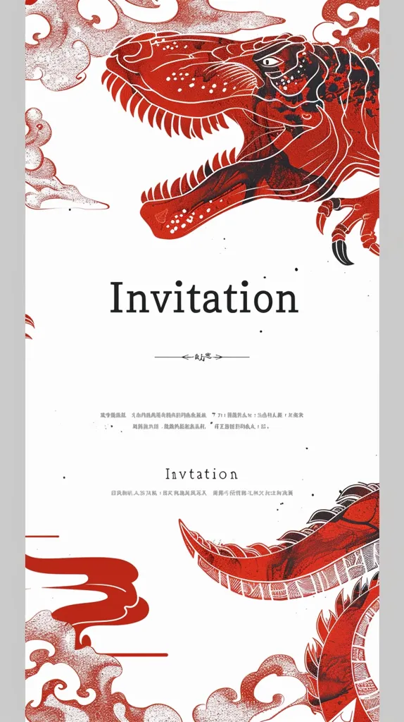 The image is a red and white invitation card with a stylized dinosaur head at the top and bottom. The dinosaur is drawn in a traditional Japanese style with intricate details. The word "Invitation" is printed in large black letters at the top of the card. The card is adorned with small red dots and traditional Japanese clouds. The text is in Chinese and English.  The overall aesthetic is elegant and modern.