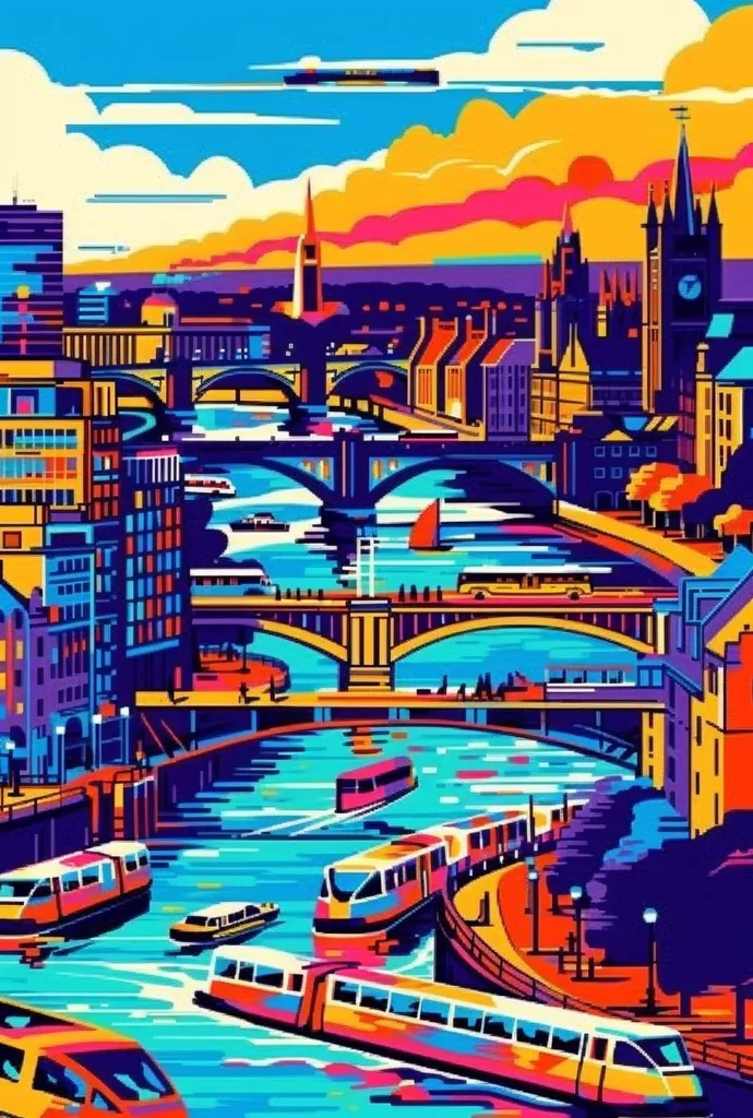 A vibrant cityscape with a river flowing through it.  The sky is a bright blue with fluffy clouds, and the buildings are a mix of modern and traditional styles. There are several bridges over the river, and many colorful boats and trains are travelling through the water. The scene is full of life and energy.
