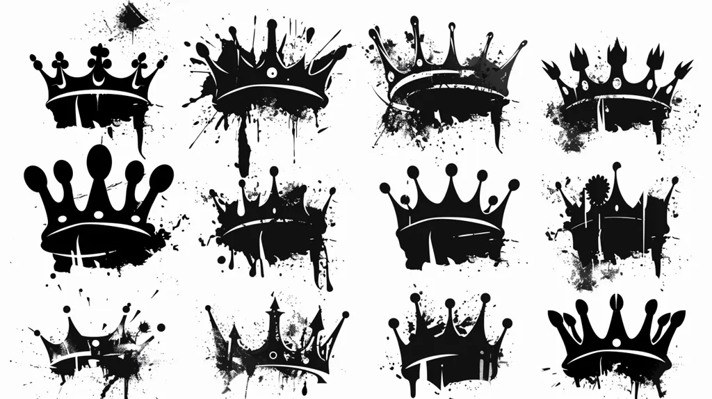 The image features a collection of 12 black crown silhouettes on a white background. Each crown is surrounded by black ink splatters, creating a visually dynamic and edgy effect. The crowns are all stylized in a similar manner, with pointed peaks and a bold, geometric design. The overall impression is one of power, royalty, and a touch of grunge.