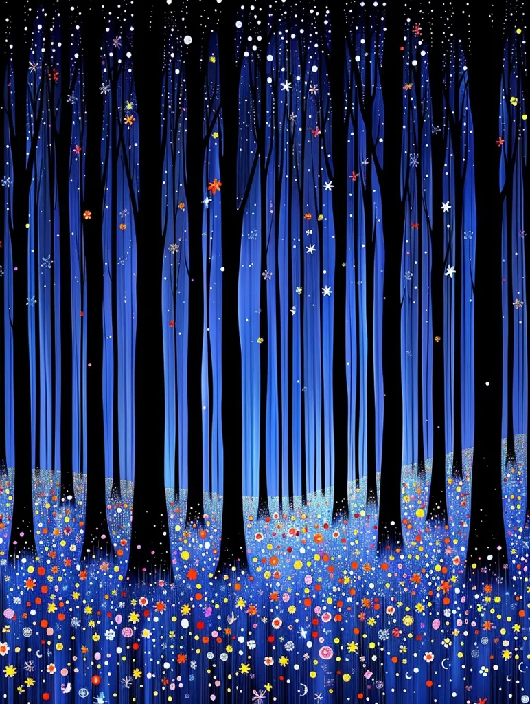 A whimsical forest scene with a blue backdrop and dark silhouettes of trees. The ground is covered in colorful flowers and sparkles, creating a magical and enchanting atmosphere. The image evokes a sense of wonder and tranquility.