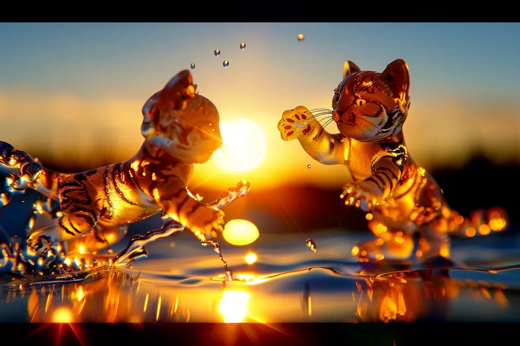 Two glass tiger figurines are posed in a playful manner, one leaping out of the water towards the other. The setting sun casts a warm golden glow, reflecting off the water's surface and illuminating the figures. Tiny water droplets sparkle around them, adding a touch of magic to the scene. The background blurs into a soft, golden haze. The overall effect is whimsical and charming.