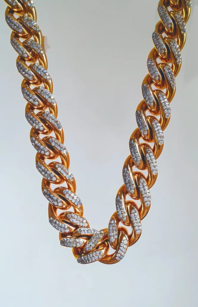 The image shows a gold chain necklace with small white diamonds encrusted along the chain. The chain is thick and appears to be made of metal, and the diamonds are set in a pattern that runs along the length of the chain. The necklace is displayed on a white background, highlighting its shine and craftsmanship. The chain is a symbol of wealth and status.