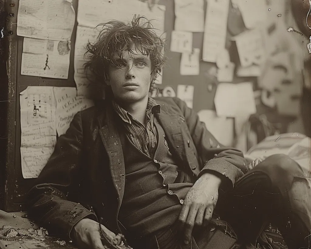 The image is a black and white photograph of a young man with messy hair and a serious expression. He is wearing a jacket, vest, and trousers, and is sitting in front of a wall covered in papers and notices. The photo is slightly out of focus and has a faded, vintage look. The man's gaze is intense, suggesting a troubled or introspective nature. The overall impression is one of melancholy and hardship.