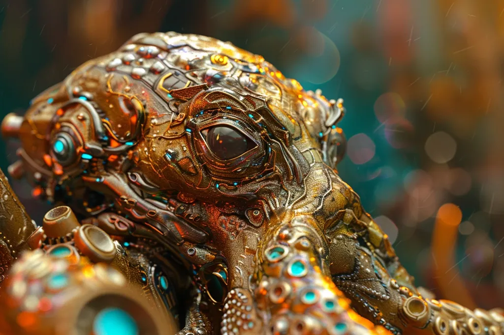 A close-up of a metallic octopus with a detailed, textured surface. Its golden-brown skin is adorned with intricate patterns and glowing blue accents. The creature's large, dark eye stares intensely, while its tentacles curl and twist around the frame. The background is a blur of warm and cool colors, creating a sense of depth and mystery.