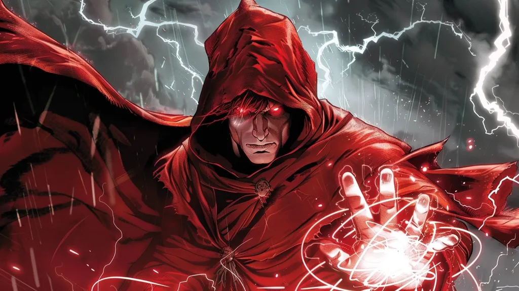 A man in a red hooded cloak with glowing red eyes stands in a storm. He is holding out his hand, and red energy is swirling around it. The background is a stormy sky with lightning. The image is dark and ominous, suggesting the man is a powerful and dangerous being.