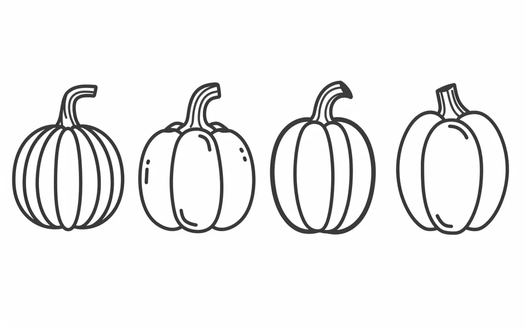 The image contains four line drawings of pumpkins. The pumpkins are all different shapes and sizes. They are all facing the viewer. The image is simple and elegant.
