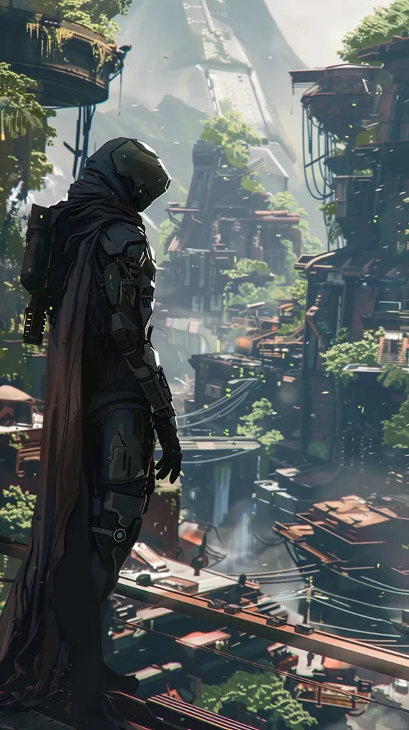 A lone figure, clad in dark armor and a flowing cloak, stands on a platform overlooking a futuristic cityscape. The city is a jumble of metal structures and overgrown greenery, with glimpses of a towering skyscraper in the background. The scene is bathed in a soft, atmospheric light, suggesting a sense of mystery and intrigue.