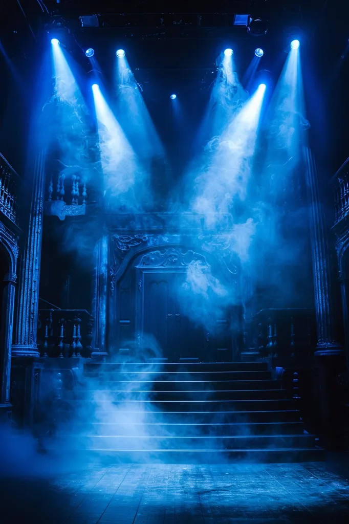 A stage set with a grand staircase bathed in blue light. The lights are focused on the stairs, creating a dramatic and mysterious atmosphere. Smoke fills the air, adding to the sense of intrigue. The background is obscured by darkness and smoke. The overall mood is one of anticipation and suspense.