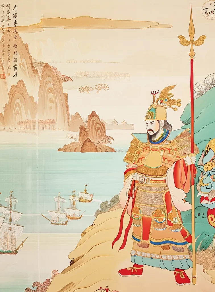 The painting depicts a Chinese general standing on a rocky outcrop overlooking a body of water. He is holding a spear and wearing ornate armor and robes. In the background, there are several ships sailing on the water, and mountains rise in the distance. The artwork is painted in a traditional Chinese style, with delicate lines and vibrant colors. The general's stern expression and the boats in the distance suggest a scene of military action.