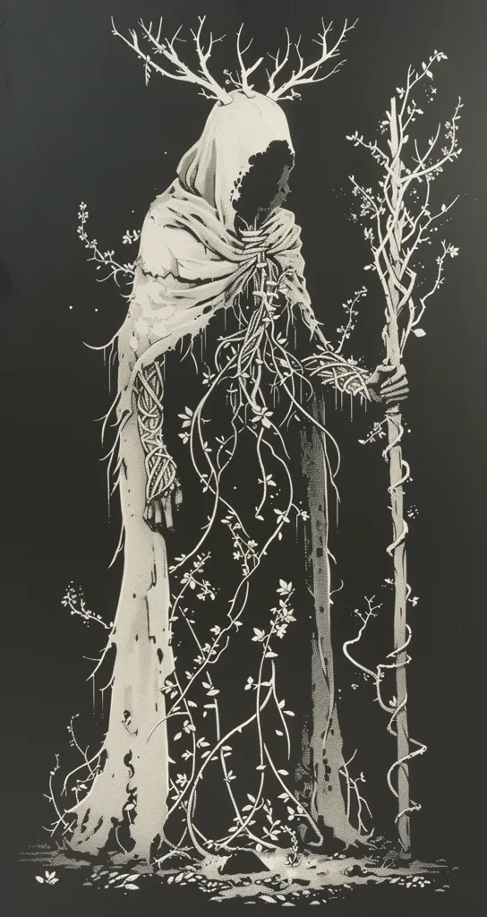 A hooded figure, adorned with antlers and vines, stands in a dark forest. The figure is cloaked in a long, flowing robe that blends seamlessly with the surrounding trees.  Their face is obscured by the hood, adding to their mysterious and otherworldly presence. The scene is rendered in stark black and white, emphasizing the stark beauty and eerie atmosphere.  A single gnarled branch extends from the figure's hand, reaching toward the sky.