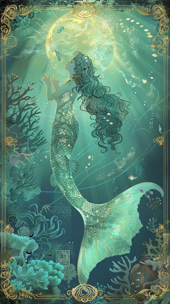 A mermaid with long flowing green hair and a shimmering green tail swims in the ocean. She is looking upwards towards a large, glowing orb. The ocean is a vibrant blue-green, with coral and other marine life in the background. The image has a whimsical and magical feel, suggesting a fairytale-like setting. The art style is detailed and intricate. The frame is gold, which adds to the ornate and elegant feel of the artwork.