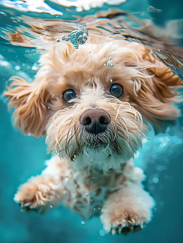 A small, fluffy dog with a light brown and white coat swims underwater. The dog's face is looking directly at the camera, with its mouth closed and its eyes wide open. Bubbles are visible around the dog's head and body, creating a playful and whimsical scene. The blue water is clear and inviting, highlighting the dog's underwater adventure.  The dog's paws are clearly visible as it gracefully moves through the water.