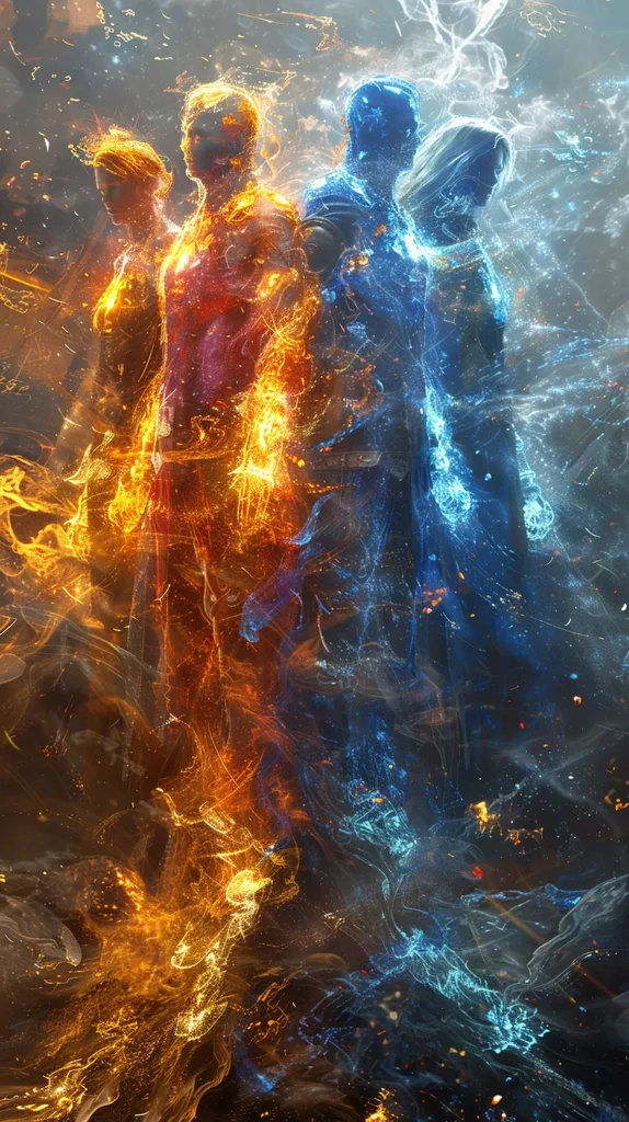 Four figures are standing in the middle of a swirling, ethereal mist. They are surrounded by bright bursts of light, appearing to be made of fire and water. The figures are blurred and translucent, suggesting a spiritual or otherworldly nature. The image evokes a sense of power, mystery, and transformation.