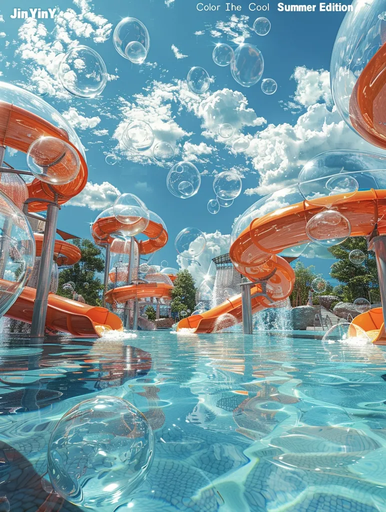 The image shows a water park with orange water slides and a clear blue pool. The water is rippling, reflecting the bright blue sky and fluffy white clouds. Many large bubbles float in the air, creating a whimsical and fun atmosphere. The scene is sunny and inviting, capturing the joy of summer.