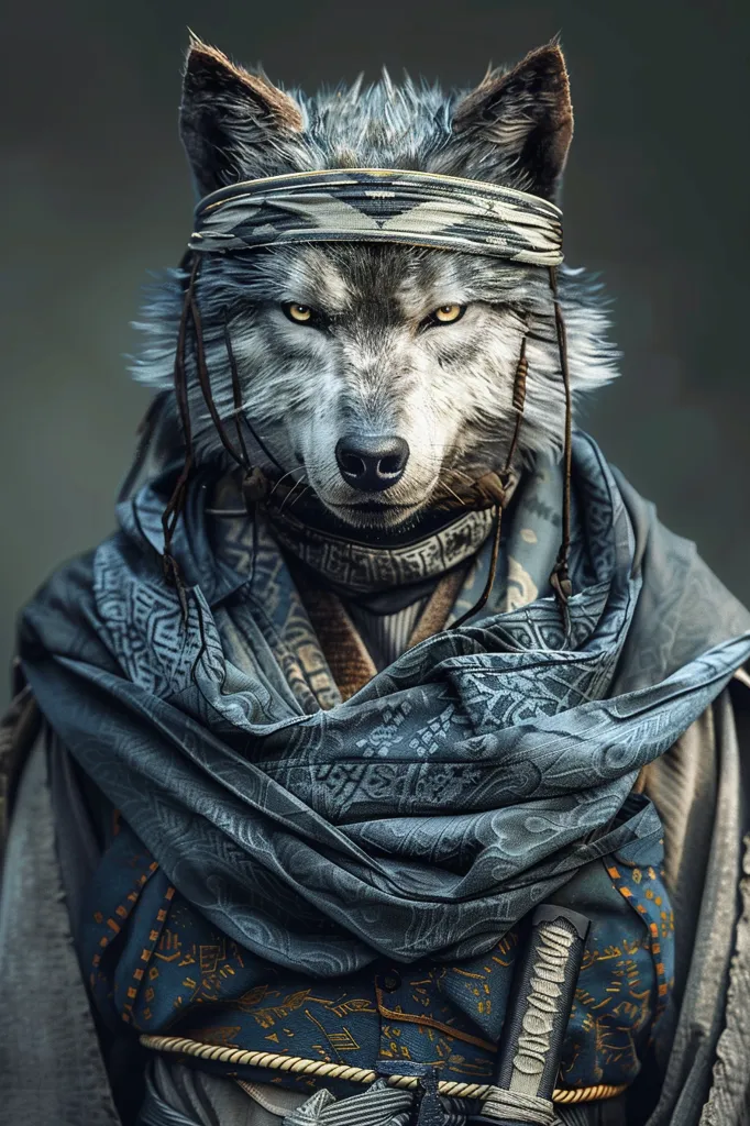 A wolf wearing a blue and gold patterned kimono and a black headband stares intensely at the viewer. The wolf's fur is gray and white and it has a sharp, predatory look. The image is likely a digital creation and the wolf is anthropomorphized. The background is a simple gray, allowing the wolf to stand out.  The wolf has a stern expression and looks ready for a fight.