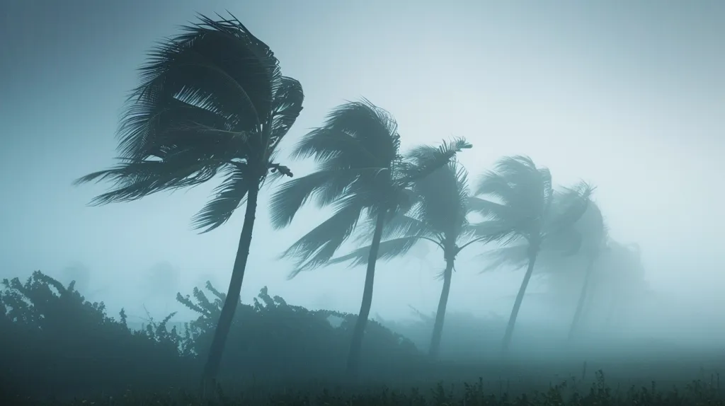 The image shows a row of palm trees silhouetted against a foggy, overcast sky. The wind whips through the trees, bending their fronds and creating a sense of motion. The image has a foreboding and eerie quality, with the fog obscuring the background and the wind creating a sense of unease. The overall effect is one of impending storm and the powerful force of nature.