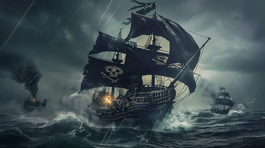 A large black pirate ship with skull and crossbones flags sails through a stormy sea. Rain falls heavily, and the ship's cannons are firing. Two smaller ships are in the distance, both also flying pirate flags. The scene is ominous and dramatic, suggesting a battle at sea.