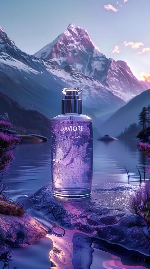 A bottle of Daviore skincare sits on a rock by a still body of water. The background is a snow-capped mountain range. The bottle reflects the purple hues of the sky and water. The scene is serene and tranquil, evoking a sense of peace and rejuvenation.