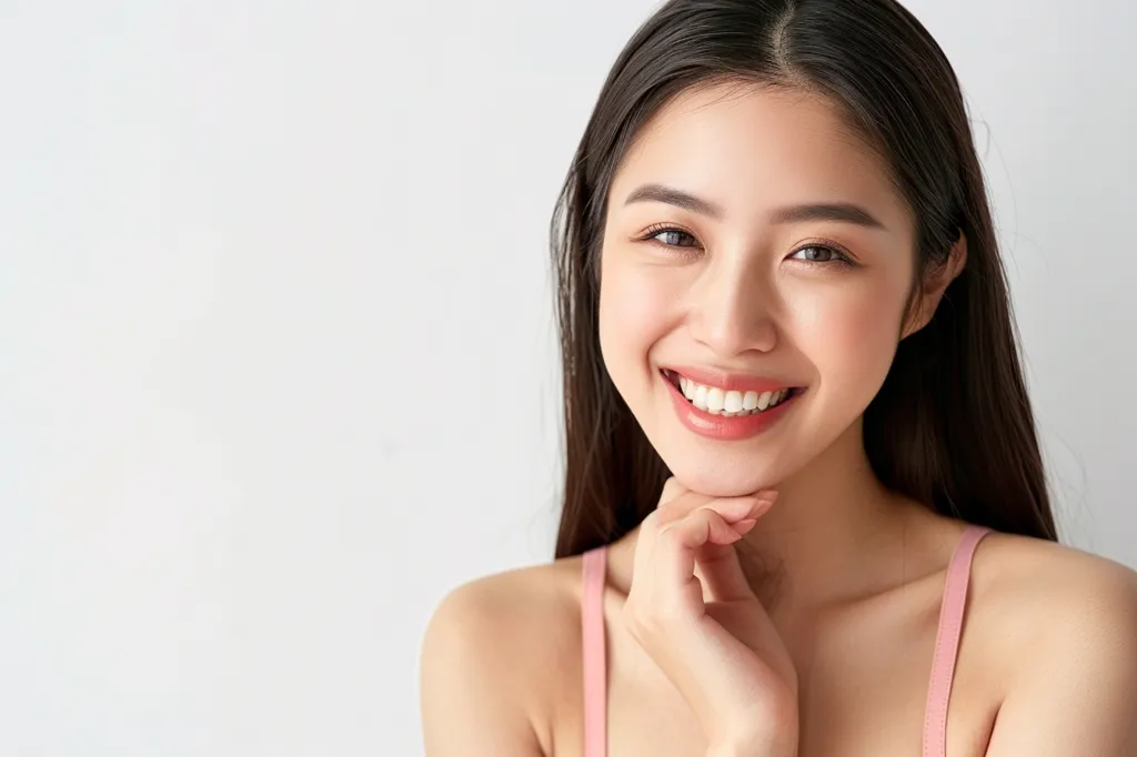 A young woman with long black hair is smiling brightly at the camera. She is wearing a pink tank top and has her hand resting on her chin. Her skin is clear and glowing, and her teeth are white and even. She looks happy and confident. The background is a simple white wall.