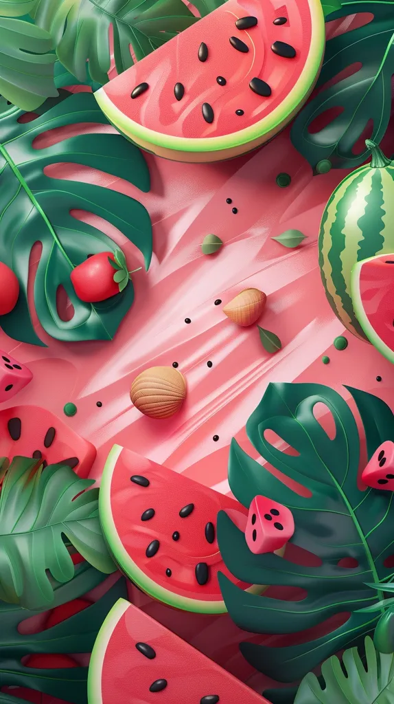 The image depicts a vibrant summer scene with watermelon slices, lush green leaves, and a pink background. The watermelon slices are arranged in various positions, revealing their juicy red flesh and black seeds. The leaves are a mix of monstera and palm leaves, adding a tropical feel to the composition.  The pink background is striped and provides a visually appealing contrast to the green and red elements.  The image exudes a sense of freshness and summery delight.