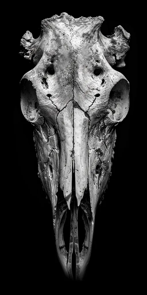 A close-up, black and white image of a deer skull. The skull is positioned facing forward, with the jawbone removed. The skull is very detailed and has a rough, textured surface. The background is black, which makes the skull stand out.