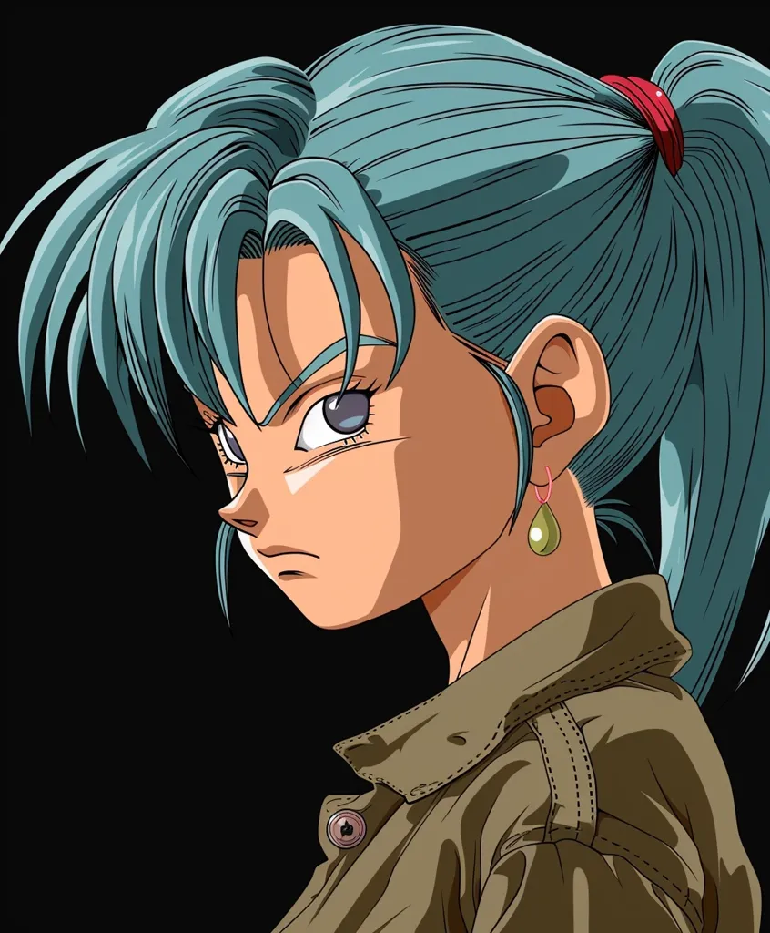 The image features a young woman with teal blue hair pulled back in a ponytail secured with a red ribbon. She has intense blue eyes and is wearing a tan jacket with a single button. She appears to have a serious expression and is looking off to the side. The background is a solid black. The image is drawn in an anime style.