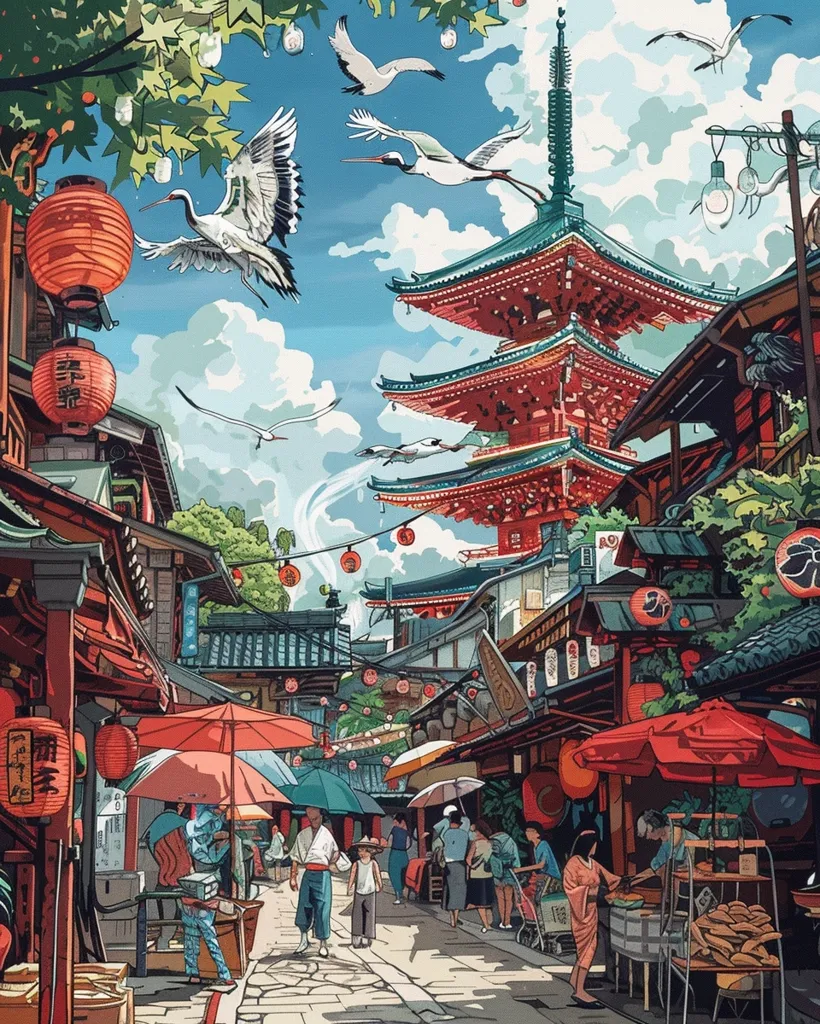 A bustling Japanese street scene with a vibrant pagoda in the background. Red lanterns hang above the shops and stalls, while people stroll through the narrow streets. A flock of white cranes flies overhead, adding a touch of whimsy to the scene. The atmosphere is lively and full of energy, with a hint of traditional Japanese charm.
