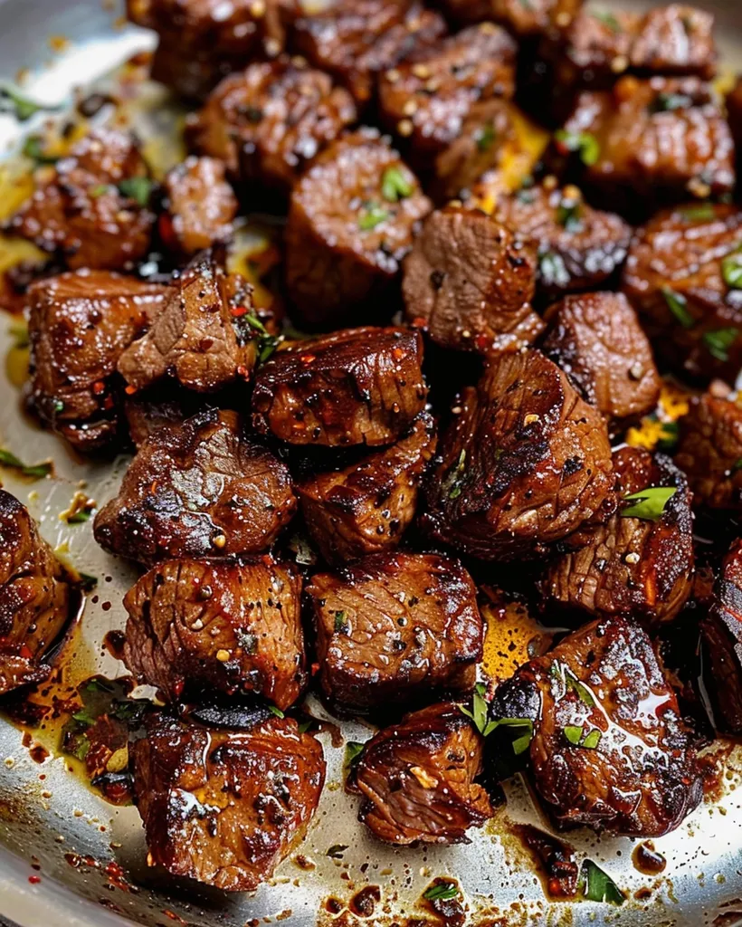 A close-up shot of a pan of perfectly cooked, bite-sized pieces of meat. The meat is glistening with a rich, dark brown sauce and seasoned with herbs and spices. The pan is filled with the savory aroma of the meat, making your mouth water.