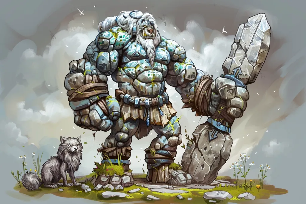 A large, muscular, stone-skinned giant stands holding a giant stone blade.  His long white beard and hair contrast against his rocky skin.  He wears leather straps and a loincloth.  A small wolf sits beside him, watching intently.  The giant and the wolf stand against a background of white clouds, green grass and wildflowers.  The image suggests a fantastical and powerful creature.