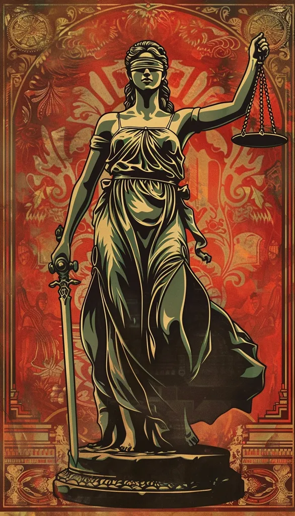 The image depicts a stylized representation of Lady Justice, a symbol of the legal system. She stands with a blindfold, holding scales of justice in one hand and a sword in the other, signifying impartiality and power. The image features a grunge aesthetic, with a red and gold background and intricate floral details. Lady Justice's flowing robes and dramatic pose add to the artistic composition.  The image evokes themes of justice, law, and power.