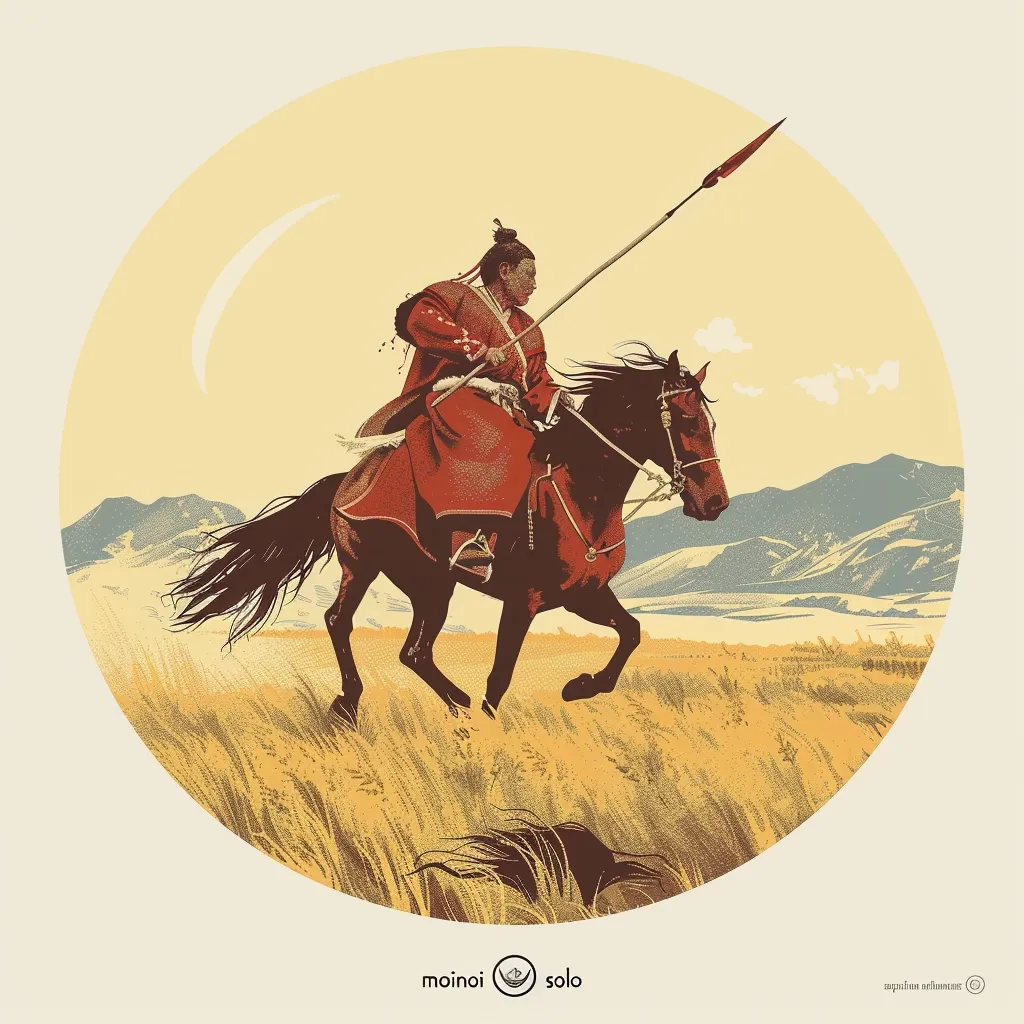 A warrior in red garb rides a brown horse across a field of golden wheat.  He holds a spear high, and a crescent moon is visible in the background.  The landscape is mountainous, with a hint of snow in the distance.  The warrior and horse are depicted in a stylized manner,  the image is a circular composition with a vintage aesthetic.  The scene evokes a sense of power and majesty.