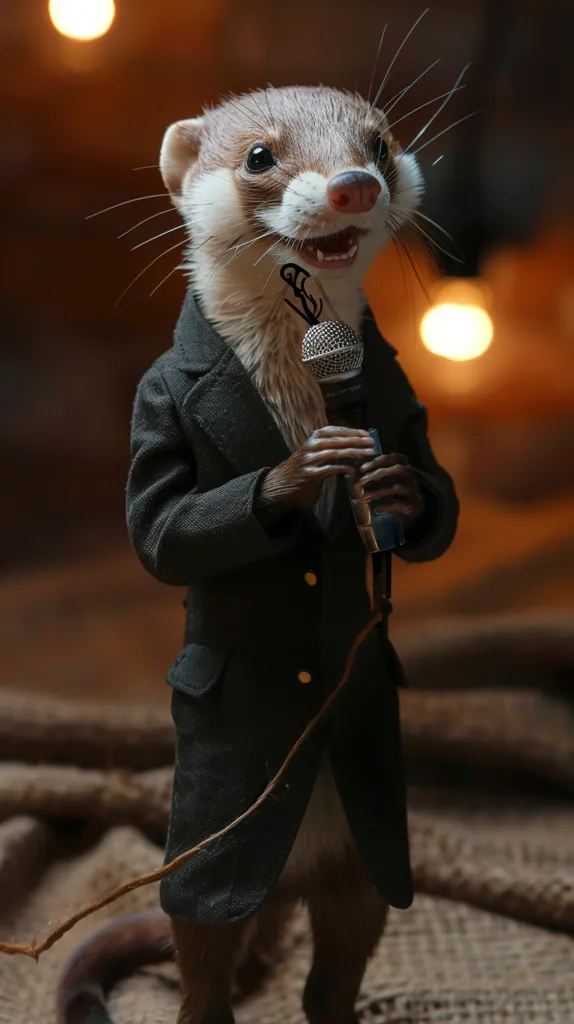 A ferret in a black suit holds a microphone, looking straight ahead with a serious expression. The ferret stands on a brown and textured surface, illuminated by warm lighting. The image is a whimsical and humorous depiction of a ferret performing a task typically reserved for humans.