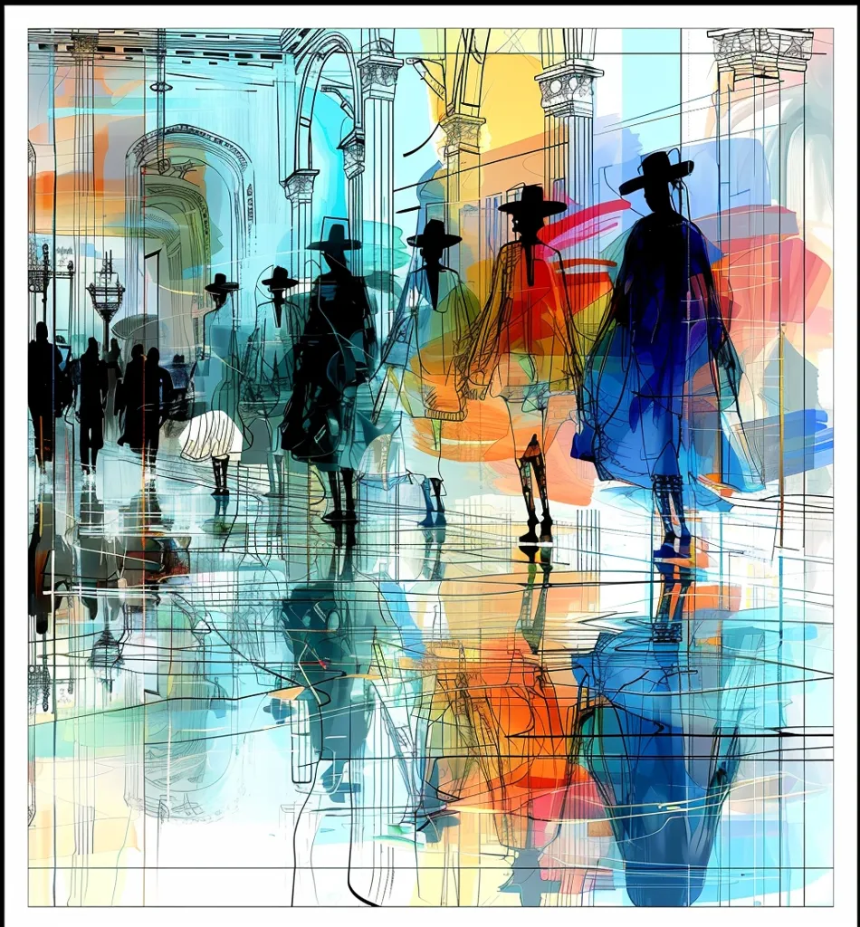 The image depicts a group of figures walking through a large, open space. The figures are dressed in modern clothing and are silhouetted against a vibrant background of abstract lines and colors. The scene suggests a bustling urban environment, with hints of architectural elements like columns and arches. The overall effect is one of movement and energy, capturing the fleeting moments of urban life.  The use of bold colors and geometric patterns adds a sense of dynamism and abstract expressionism.  The image is likely a digitally created artwork, highlighting the artistic exploration of urban life and human movement.