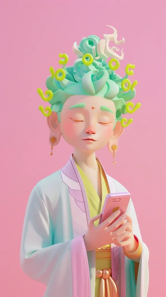 A 3D rendered image of a female character with bright green hair adorned with yellow, looping letters. The character is dressed in a pastel green and purple robe and holding a pink smartphone.  The backdrop is a solid pink, emphasizing the playful and vibrant aesthetic.