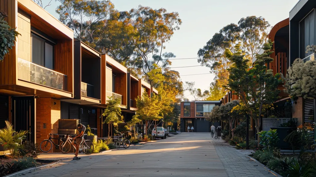 A quiet street lined with modern, wooden-clad townhouses.  Sunlight filters through the trees, casting dappled shadows on the pavement. A man walks his bicycle down the street, while a car sits parked in the distance.  The scene is peaceful and tranquil.