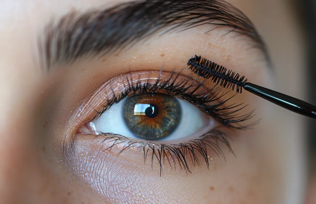 A close-up of a woman's eye with a mascara wand applying mascara to her eyelashes. Her eye is open, and the lashes are already quite long and full. The woman has a defined eyebrow and a shimmery eyeshadow on her eyelid. The light reflects in her green and brown eye.