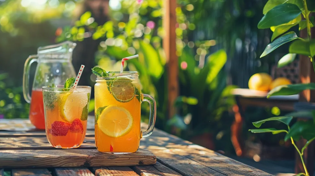 Two glasses of iced lemonade, one with strawberries and one with lemon, sit on a wooden table in the sunshine. A pitcher of lemonade is in the background. Green leaves and flowers are in the background. The scene is a summery and inviting one.