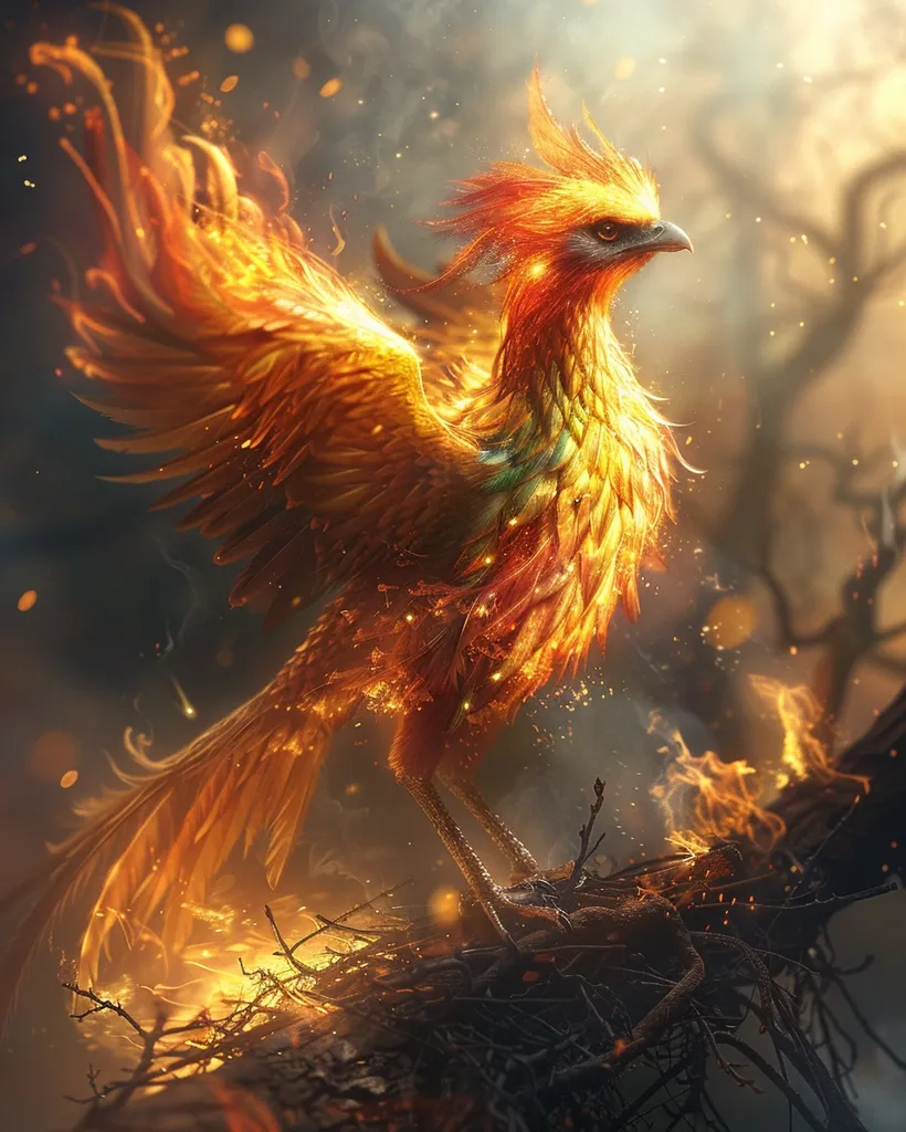 A majestic phoenix, a mythical bird that symbolizes rebirth and immortality, stands on a bed of burning embers. Its golden feathers glow with ethereal light, and its wings are outstretched in a graceful pose. The background is a blur of golden light and smoke, suggesting the phoenix's fiery transformation.  The image is a captivating blend of beauty and power, evoking wonder and awe.