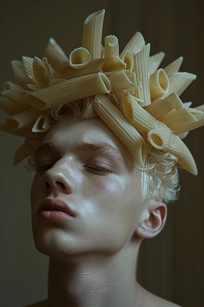 A young man with pale skin and blonde hair wears a crown of uncooked pasta.  The pasta is arranged in a chaotic pattern, covering his entire head and creating a striking visual contrast with his smooth, flawless complexion. The man's eyes are closed, and his expression is serene, suggesting a sense of calm and contemplation. The image is a study in contrasts,  the simple beauty of the pasta against the man's delicate features.