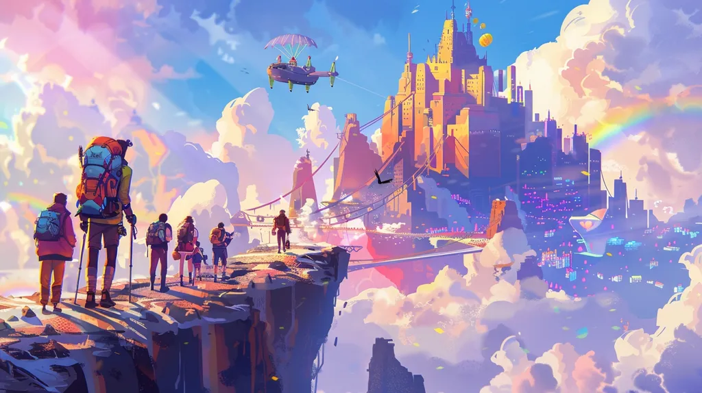 A group of hikers stand on a cliff overlooking a fantastical city in the clouds. The city is a mix of futuristic and medieval architecture, with bridges connecting different islands and a rainbow arching over it. A small flying vehicle soars through the sky above. The scene is painted in vibrant colors and a sense of wonder.