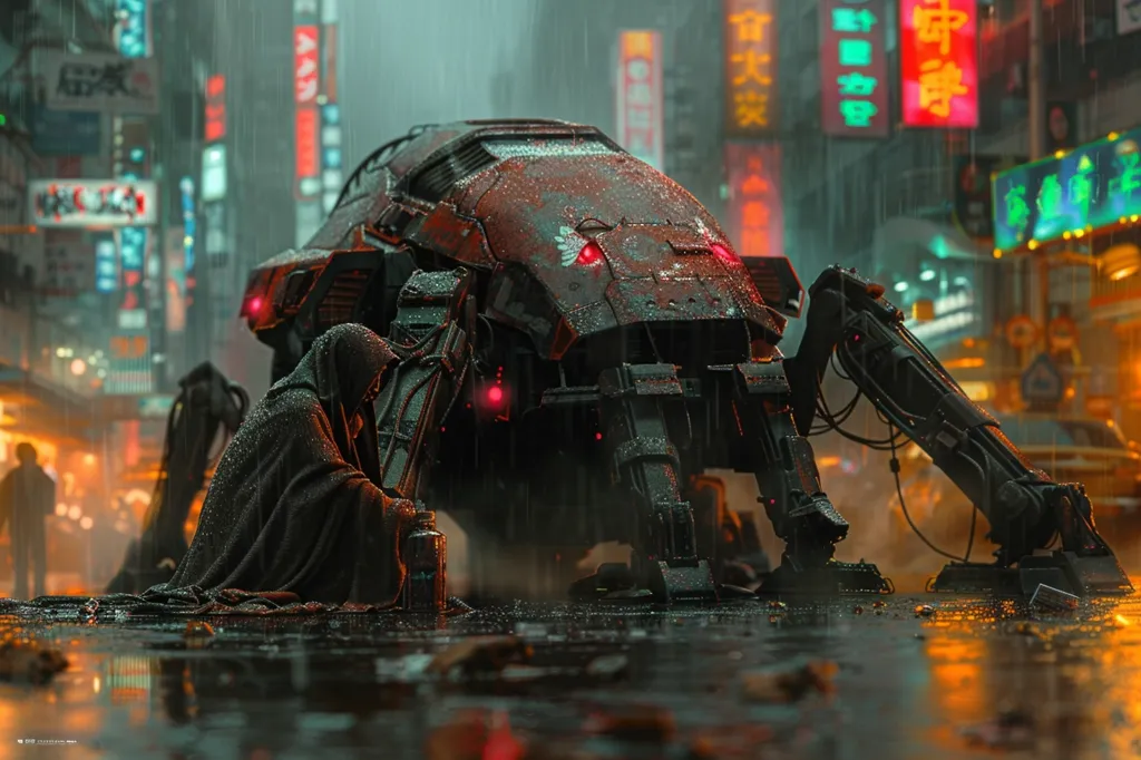 A futuristic, mechanical spider-like vehicle stands in a rain-soaked urban cityscape. The vehicle appears heavily armored and has glowing red lights on its body. A hooded figure lies prone in the foreground, possibly injured or defeated. Neon signs illuminate the background, creating a vibrant, dystopian atmosphere. The image evokes a sense of danger and uncertainty.