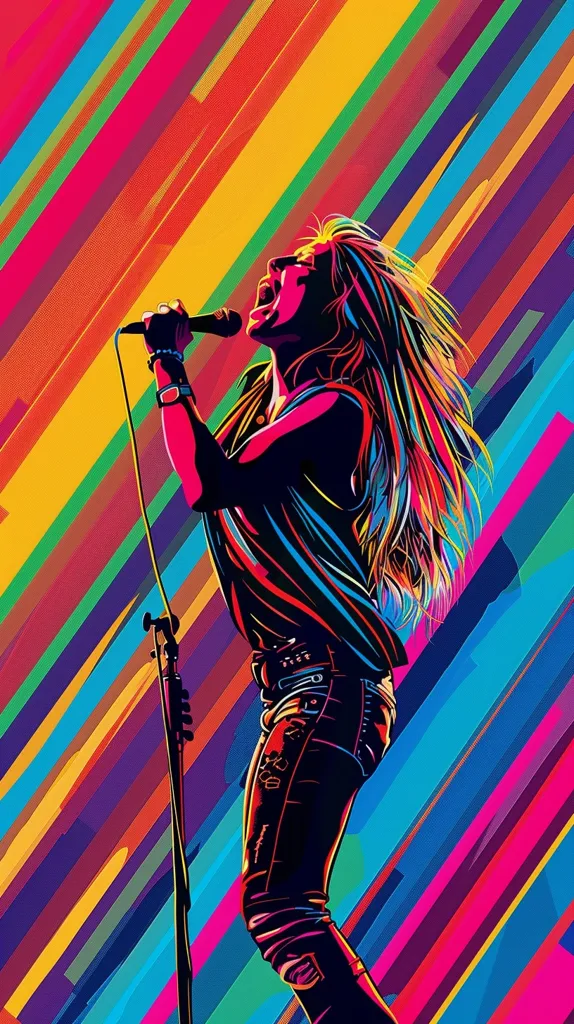 The image is a vibrant, colorful illustration of a rock singer performing on stage. The singer, with long flowing hair, belts out a powerful note into a microphone. The background is a striking abstract pattern of diagonal stripes in shades of red, orange, yellow, green, blue, and purple. The image captures the energy and excitement of a live music performance.