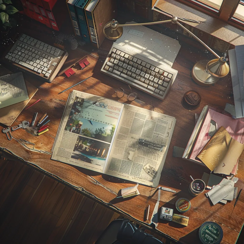 A wooden desk is covered in clutter, including a newspaper, a keyboard, an open book, pencils, a lamp, and several other small items. The desk is bathed in warm, natural light that casts shadows across the surface. The scene suggests a workspace where someone has been busy working, possibly writing or reading. The overall impression is one of cozy, domestic comfort.