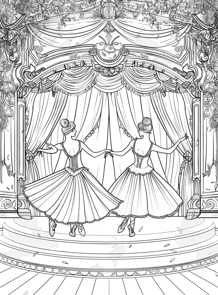 Two ballerinas in elaborate tutus and pointe shoes are performing on a stage with curtains drawn back. The stage is ornate with a patterned floor and a circular platform. The ballerinas have their hair pulled back and are performing a synchronized routine, their hands gracefully extended in mid-air. Ornate floral details frame the stage, creating a romantic and whimsical atmosphere.
