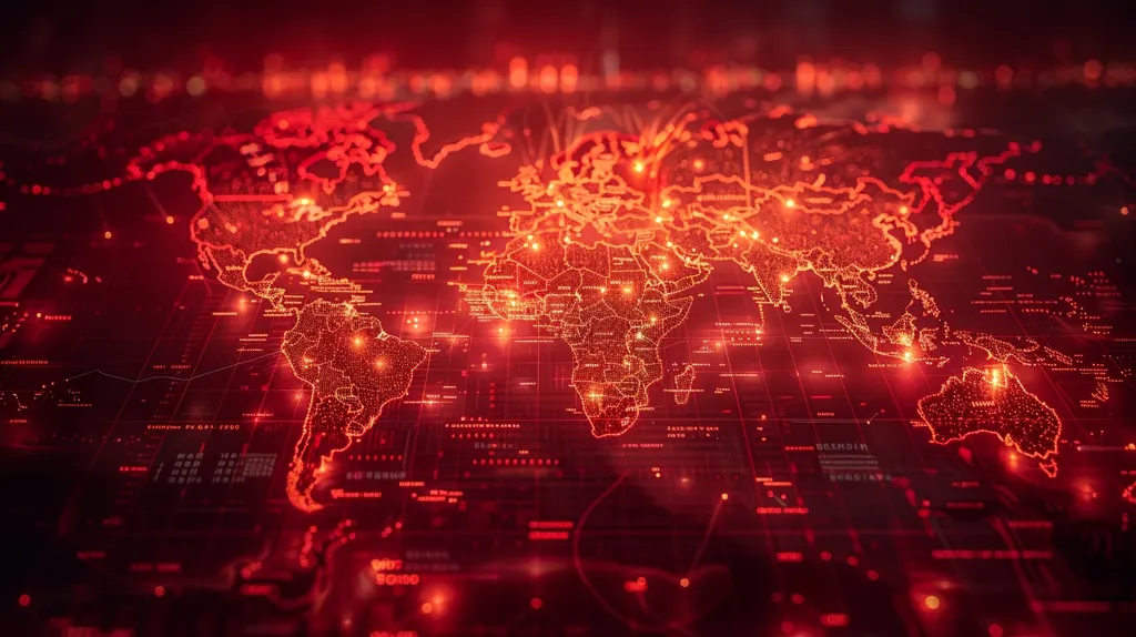A digital map of the world is illuminated in a deep red glow. The continents are outlined in red lines with glowing dots scattered throughout, representing cities or data points. The image evokes a sense of global connectivity and the flow of information across the world. The red color scheme suggests urgency, danger, or a heightened state of activity.  The background is blurred, adding to the sense of abstractness and suggesting a complex network of interconnected systems.
