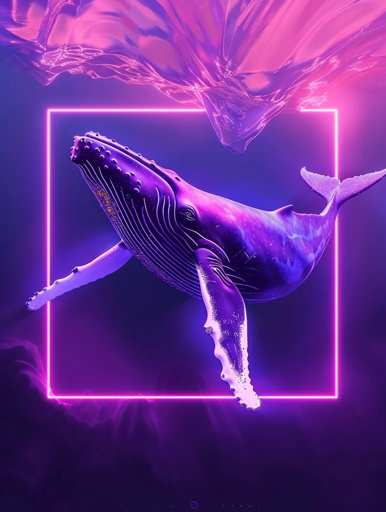 A vibrant, purple whale leaps through a neon pink frame against a backdrop of shimmering, iridescent clouds. The whale's body is textured with glittering scales, and its tail fin gracefully curves towards the top of the frame. The scene is awash in a dreamy, ethereal glow, creating a surreal and captivating image.