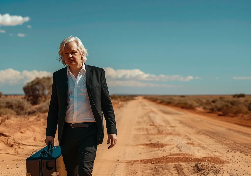 A man with white hair and a suit walks down a dirt road in a desert landscape. He carries a black suitcase in his left hand and is looking down at the ground. The sky is blue with a few white clouds. The man seems to be alone and lost in thought. The image has a sense of isolation and mystery.