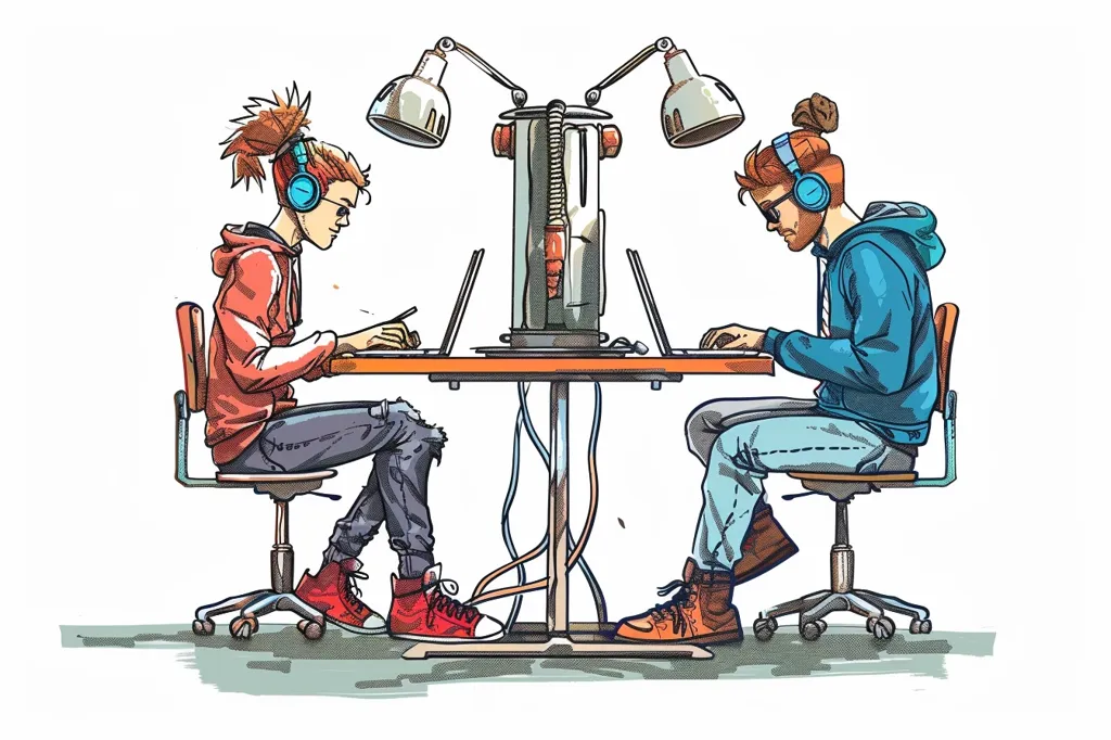 Two people are sitting at a desk, facing each other. They are both wearing headphones and have their laptops open.  They are working on their computers, likely in a collaborative setting.  Each person has a desk lamp behind them to provide light for working.  The image is drawn in a cartoon style.