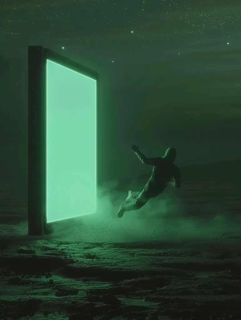 A solitary figure, silhouetted against a bright green, luminous doorway, leaps towards a mysterious destination. The night sky is speckled with distant stars, while a hazy mist surrounds the portal and the ground is rough and uneven. The image evokes a sense of otherworldly adventure and the unknown.
