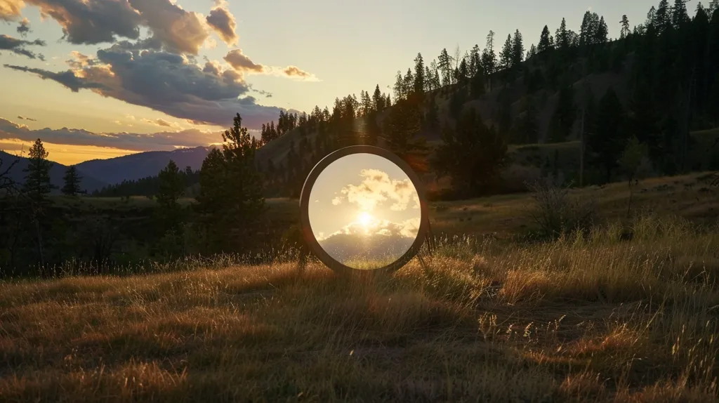A large circular mirror stands in a field, reflecting the setting sun and clouds. The mirror is set against a backdrop of a rolling hillside covered in trees and a field of tall grass. The sun casts a warm glow over the scene, creating a sense of tranquility and peace.